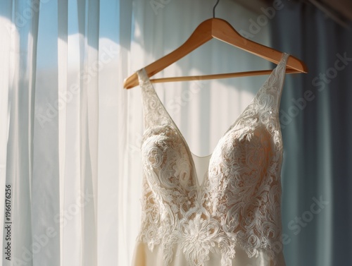 Elegant Wedding Dress Hanging by a Window With Sheer Curtains in Soft Daylight