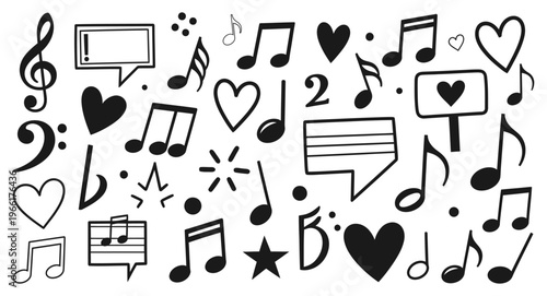 Black and white musical doodles a collection of notes hearts and symbols