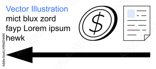 Currency exchange, financial transactions, business contracts, monetary policies, accounting, financial services. Black arrow, dollar coin symbol and document icon. Currency exchange and financial