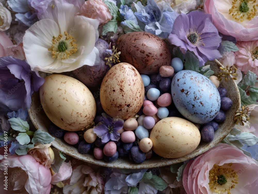 Naklejka premium Colorful Easter Eggs Surrounded by Flowers on a Soft Surface During Spring Celebration
