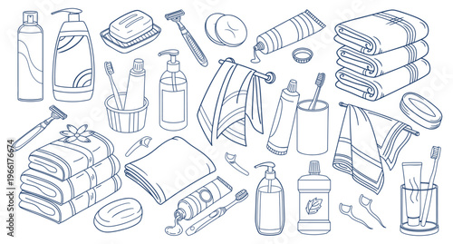 Hand drawn bathroom hygiene and personal care accessories set. Soap, toothbrush, toothpaste, dispenser and towels. Blue and white illustration.