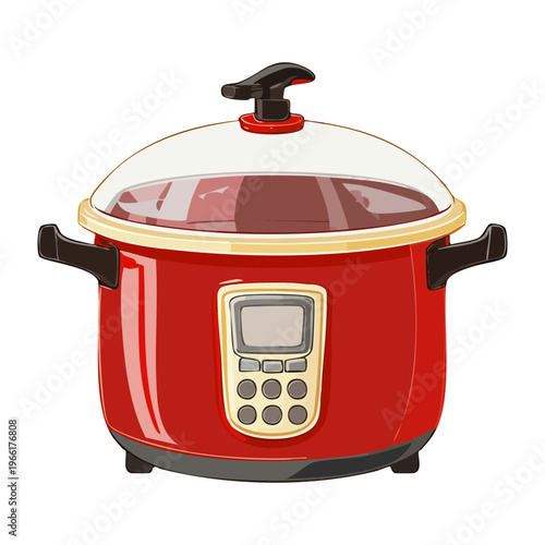 Stylish red kitchen multicooker appliance with ergonomic handle and controls for domestic cooking and food processing unit design
