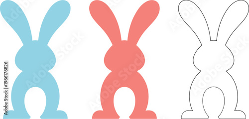 Simple cartoon bunny rabbit outlines and solid shapes in blue and coral.