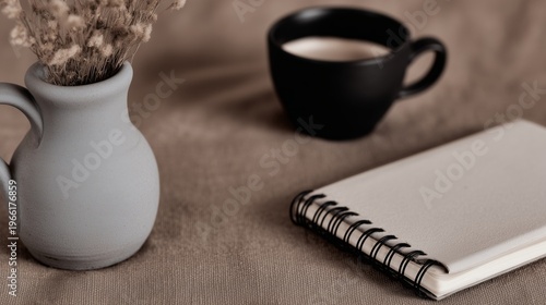 Coffee Cup and Notebook on Table With Vase and Dried Flowers in Simple Setting