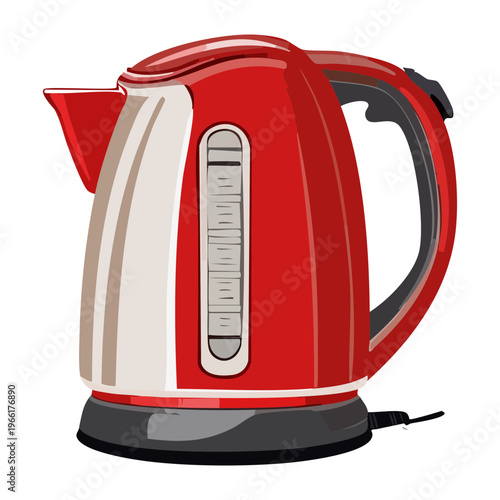 Ergonomic red water kettle for hot drinks and kitchenware set for home interior and domestic cooking appliance illustration