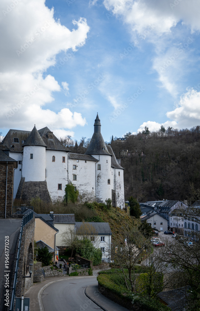 Obraz premium Clervaux medieval castle with round towers overlooking the town, Luxembourg