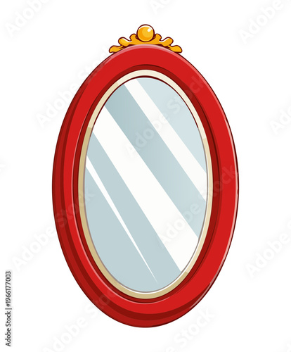 Elegant oval mirror with red wooden frame for classic home interior and vanity decoration furniture set design asset