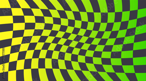 Psychedelic checkerboard neon gradient pattern. Y2k fluorescent optical illusion chess board background
