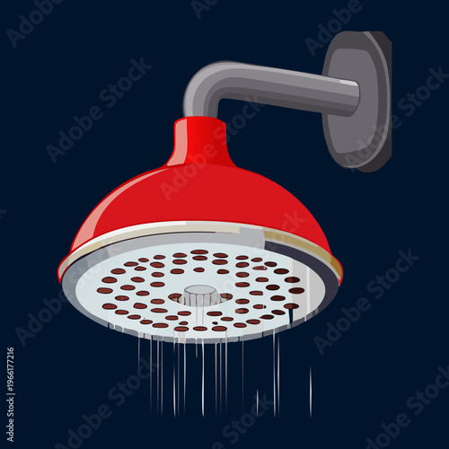 Wall mounted red shower head with flowing water droplets for modern bathroom decoration and daily personal hygiene and cleaning