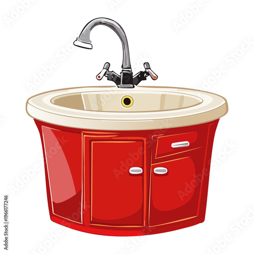 Bathroom sink cabinet in red and white with silver faucet for modern home interior design and organized storage