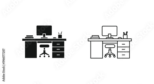 two different office desks with office chairs and computers Vector