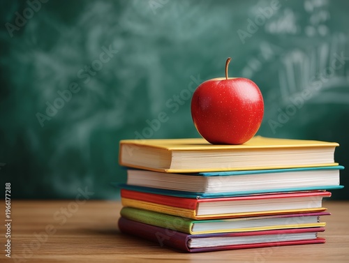 Books Stacked on a Table With an Apple Placed on Top in a Classroom With a Bl...