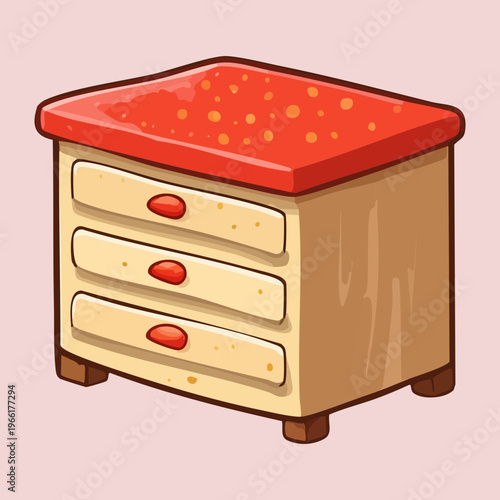 Vintage wooden nightstand with red top and three drawers for classic bedroom interior design and home furniture decor