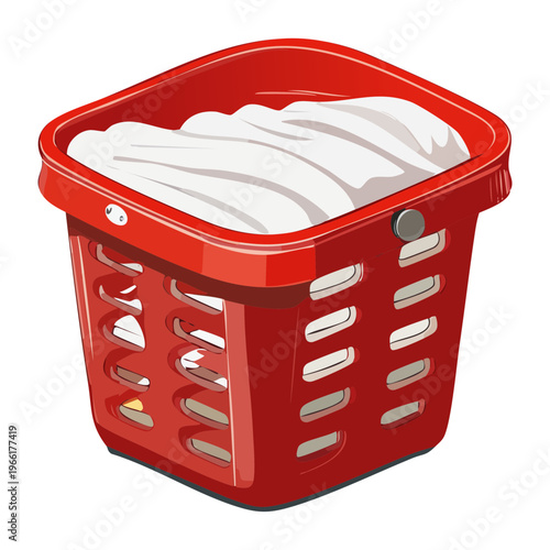 Red plastic laundry basket with white clothes for home organization and domestic cleaning and laundry room storage solutions