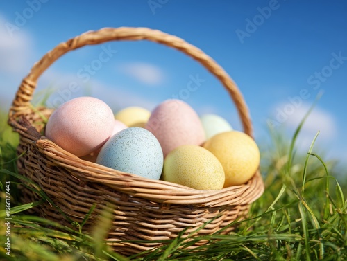 Easter Basket With Colored Eggs Placed on Grass Under Blue Sky During Daylight