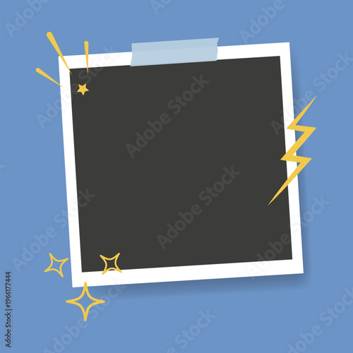 Blank photo frame template on a blue board with doodle element. Photography layout tape moodboard.