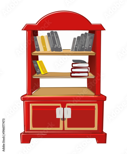 Traditional red hutch with glass doors for dining room storage and classic home interior furniture and decorative items