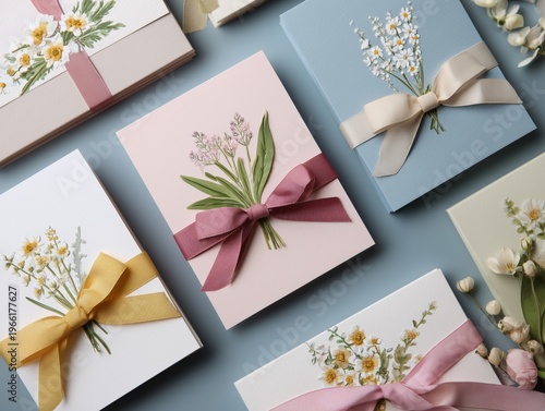 Handmade Cards With Floral Designs and Ribbons Arranged on a Table