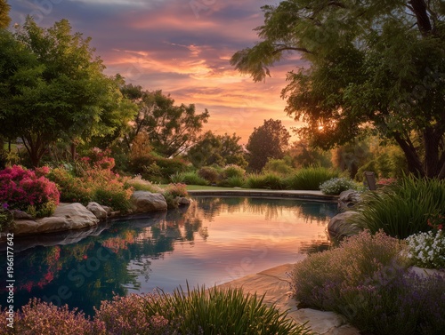 Sunset View Over a Garden Pool With Flowers and Trees at the End of the Day