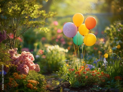 Children Celebrate With Colorful Balloons in a Garden During a Sunny Afternoon