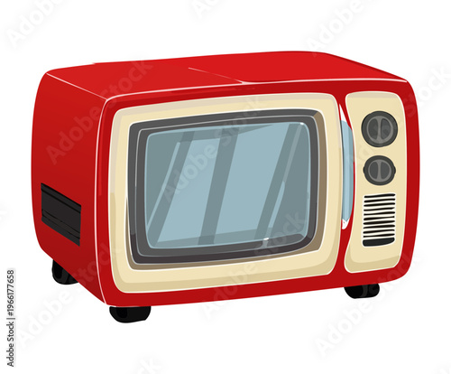 Retro red television with analog screen for vintage home decor and classic media broadcast and nostalgic interior design