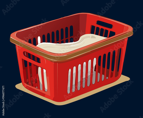 Red plastic laundry basket for home organization and domestic cleaning and storage of textile items and laundry room