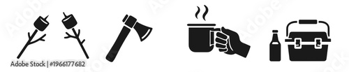 Black outdoor leisure icon set with skewers, axe, coffee mug, and car. Concept of camping routine, road trip, campfire cooking, survival gear, and weekend adventure lifestyle.