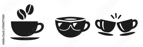 Minimal coffee cup icon set featuring a classic mug with beans, a cup with sunglasses, and two clinking espresso cups. Concept of cafe culture, break time, and fun beverage branding.
