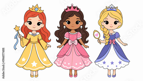 Three adorable princess girls in yellow, pink, and lilac gowns with crowns and magic accessories. Fairytale vector set suits birthday decor, nursery themes, and fantasy stickers.