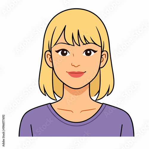 Flat female avatar portrait with blonde hair and a purple shirt, styled for profile icons, app interfaces, online communities, and friendly digital identity systems.