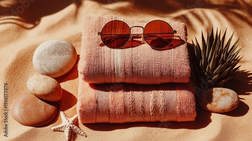 Towels, Stones, and Sunglasses Arranged on Sandy Beach During Sunny Day