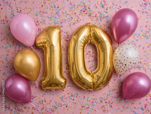 Celebration of Ten Years Marked by Gold Balloons and Colorful Confetti at a F...