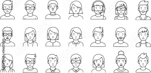 Modern Diverse User Avatar Line Icon Set for Web UI