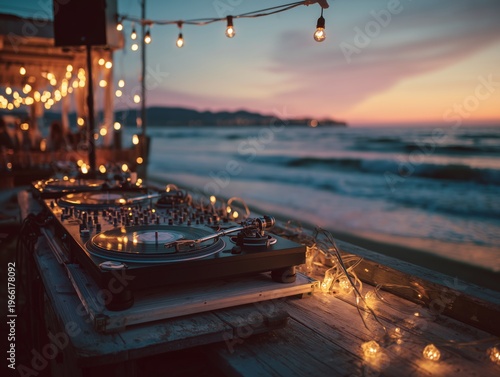 Sunset Beach Party With DJ Equipment by the Ocean