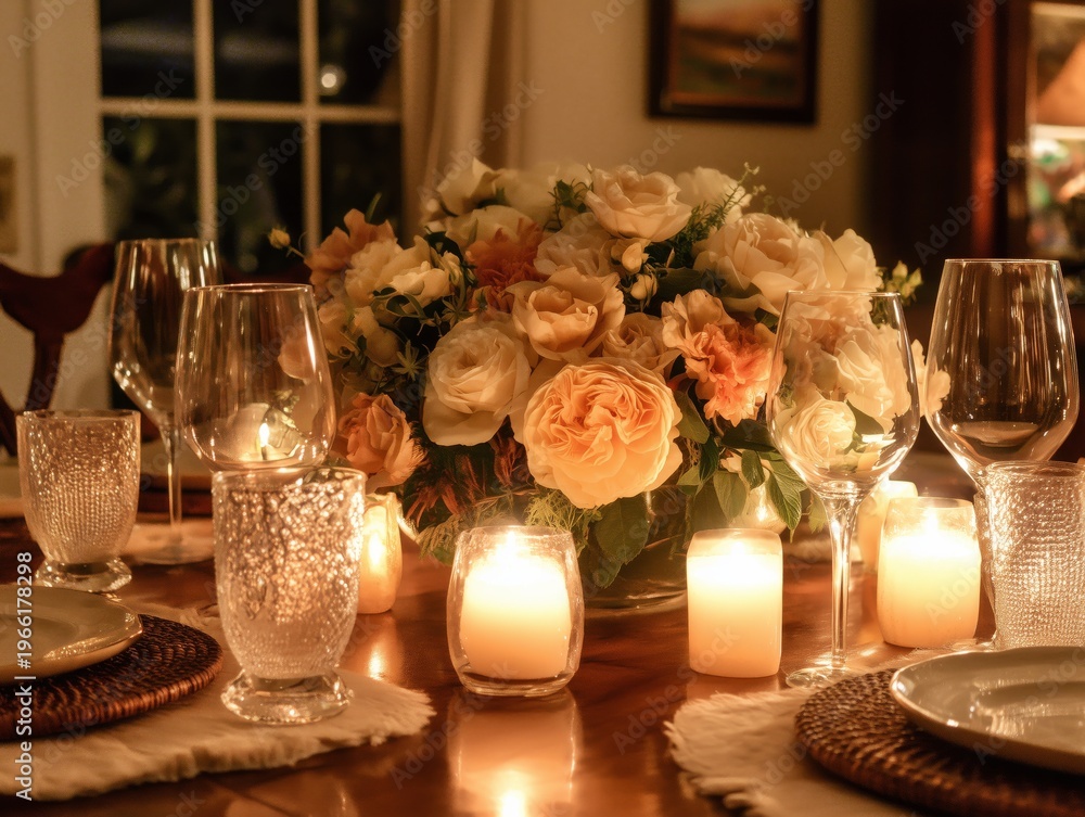 Obraz premium Dinner Table With Candles and Flowers Set for Evening Meal