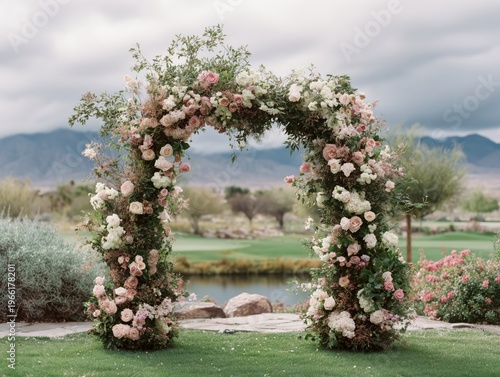 A Floral Arch Stands Ready for a Wedding Ceremony