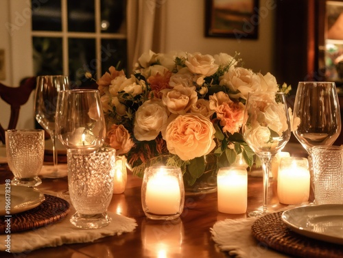 Dinner Table With Candles and Flowers Set for Evening Meal