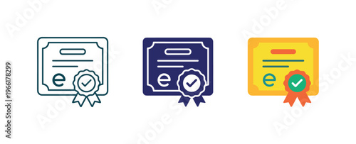 Digital certificate icon set with checkmark and ribbon for online achievement