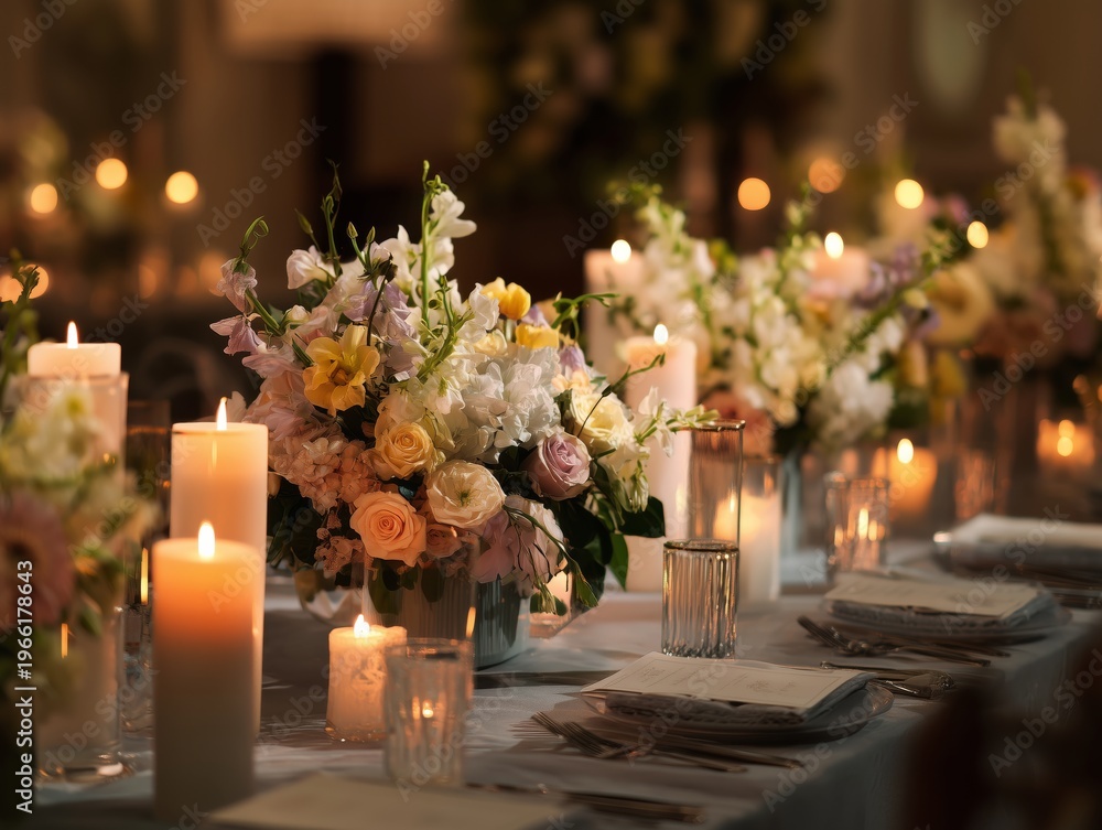 Naklejka premium Beautiful Flower Arrangements Decorate a Table for a Wedding Celebration in the Evening