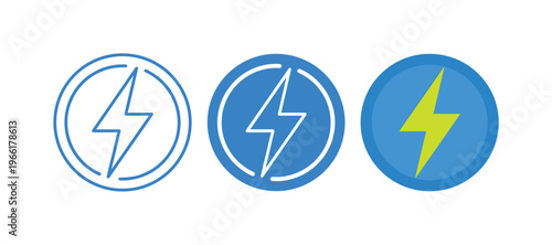 Set of three lightning bolt icons in blue and yellow for energy and power concepts