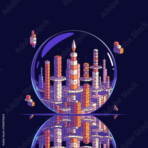 Futuristic city inside a glass sphere with reflection, isometric vector illustration of a scifi metropolis