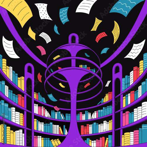 Abstract illustration of a library interior with floating papers and circular bookshelves in a surreal style