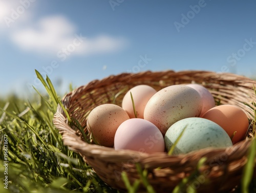 Colorful Eggs in a Basket Sit on Grass Under a Bright Sky During Springtime