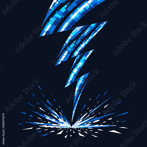 Abstract lightning bolt strike with dynamic geometric shards and blue digital energy particles on dark background