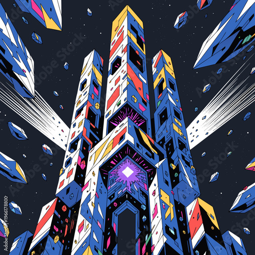 Futuristic alien space station or megastructure in deep space with geometric patterns and glowing energy core