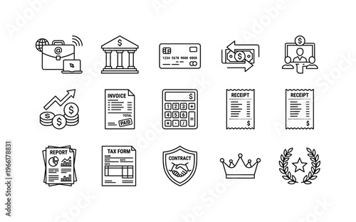 Collection of business and finance icons representing growth and transactions