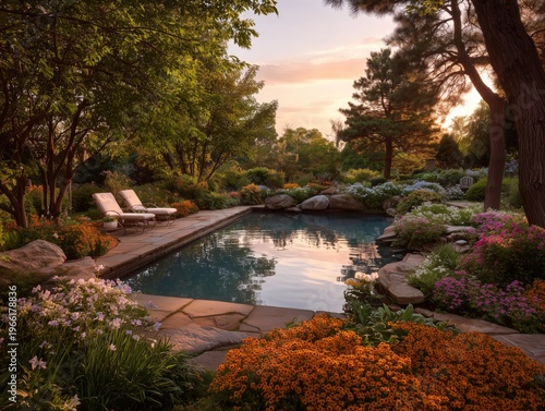 Sunset View Over Garden With Water Reflection and Flowers in an Outdoor Setting