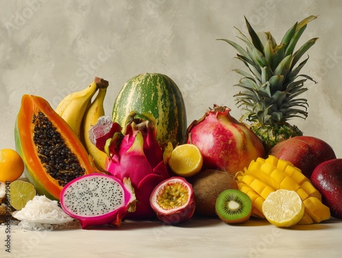 Colorful Fruit Display on a Light Background With Various Tropical Fruits Arr...