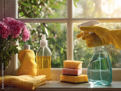 Cleaning a Window With Cleaning Supplies and a View of Greenery Outside