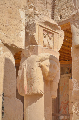 Hathorian column column in the mortuary temple of Hatshepsut  located opposite the city of Luxor, Egypt